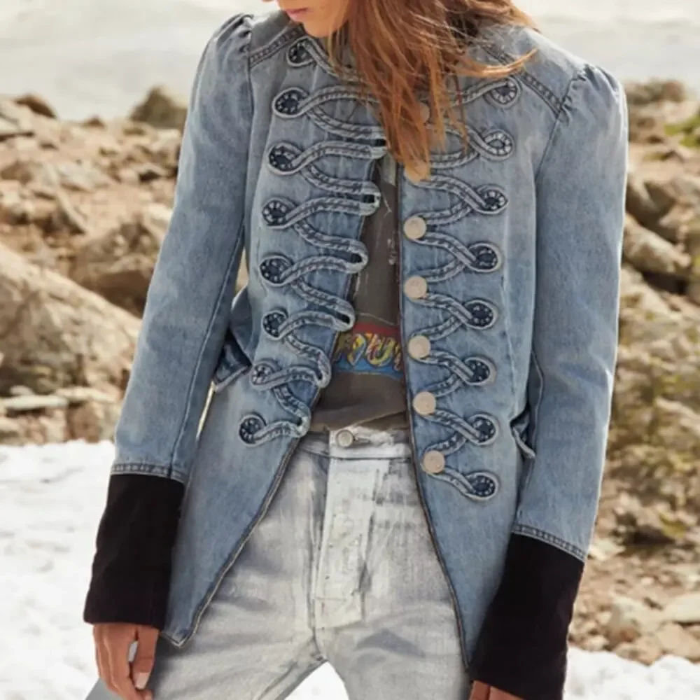 Free People Blue Denim Seamed And Structured Military Jacket